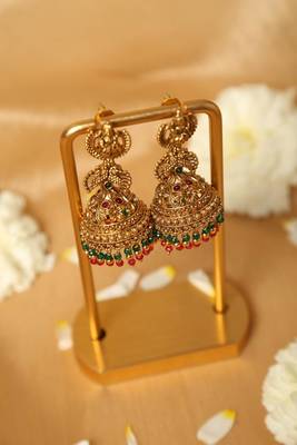 Gold plated beaded work temple jhumka earrings 3