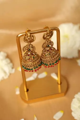 Gold plated beaded work temple jhumka earrings