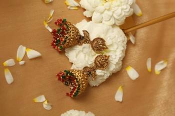 Gold plated beaded work temple jhumka earrings 1