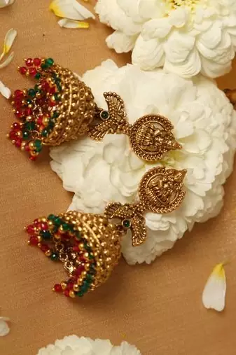 Gold plated beaded work temple jhumka earrings