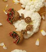 Gold plated beaded work temple jhumka earrings