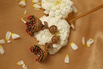 Gold plated beaded work temple jhumka earrings 4
