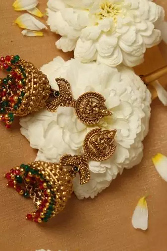Gold plated beaded work temple jhumka earrings