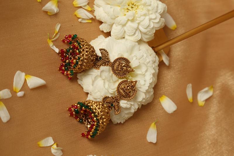 Gold plated beaded work temple jhumka earrings