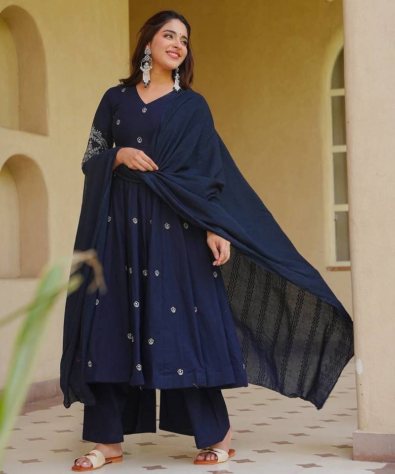 Neavy Blue Color Embroidery Work Silk Blend Salwar Suit
