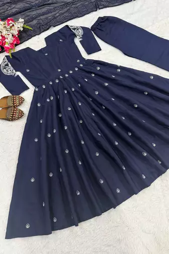 Neavy Blue Embroidery Work Silk Blend Salwar Suit
