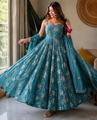 Aqua blue crunshy  silk  party wear embroidery anarkali  suit set 1