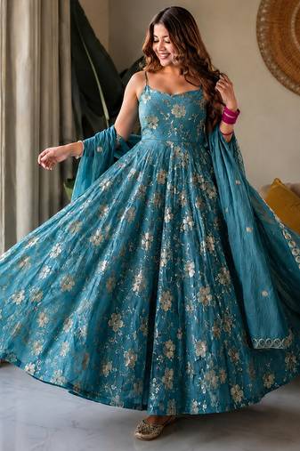 Aqua blue crunshy  silk  party wear embroidery anarkali  suit set