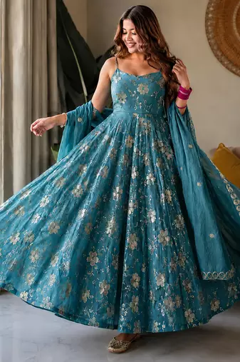 Aqua blue crunshy  silk  party wear embroidery anarkali  suit set