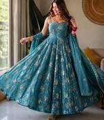 Aqua blue crunshy  silk  party wear embroidery anarkali  suit set