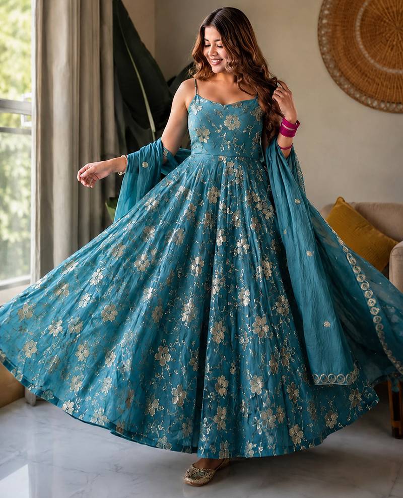 Aqua blue crunshy  silk  party wear embroidery anarkali  suit set