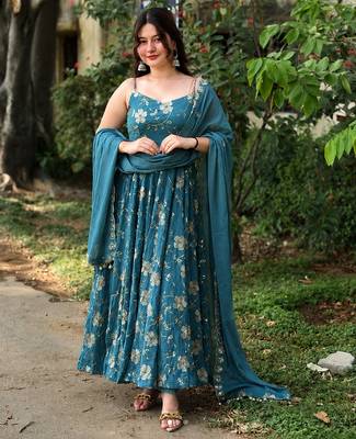 Aqua blue crunshy  silk  party wear embroidery anarkali  suit set 2
