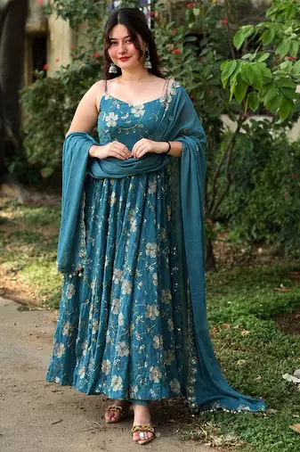 Aqua blue crunshy  silk  party wear embroidery anarkali  suit set