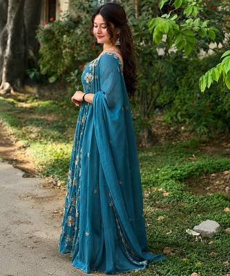 Aqua blue crunshy  silk  party wear embroidery anarkali  suit set 3