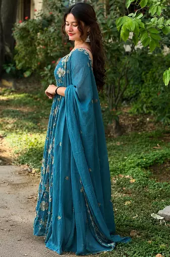 Aqua blue crunshy  silk  party wear embroidery anarkali  suit set