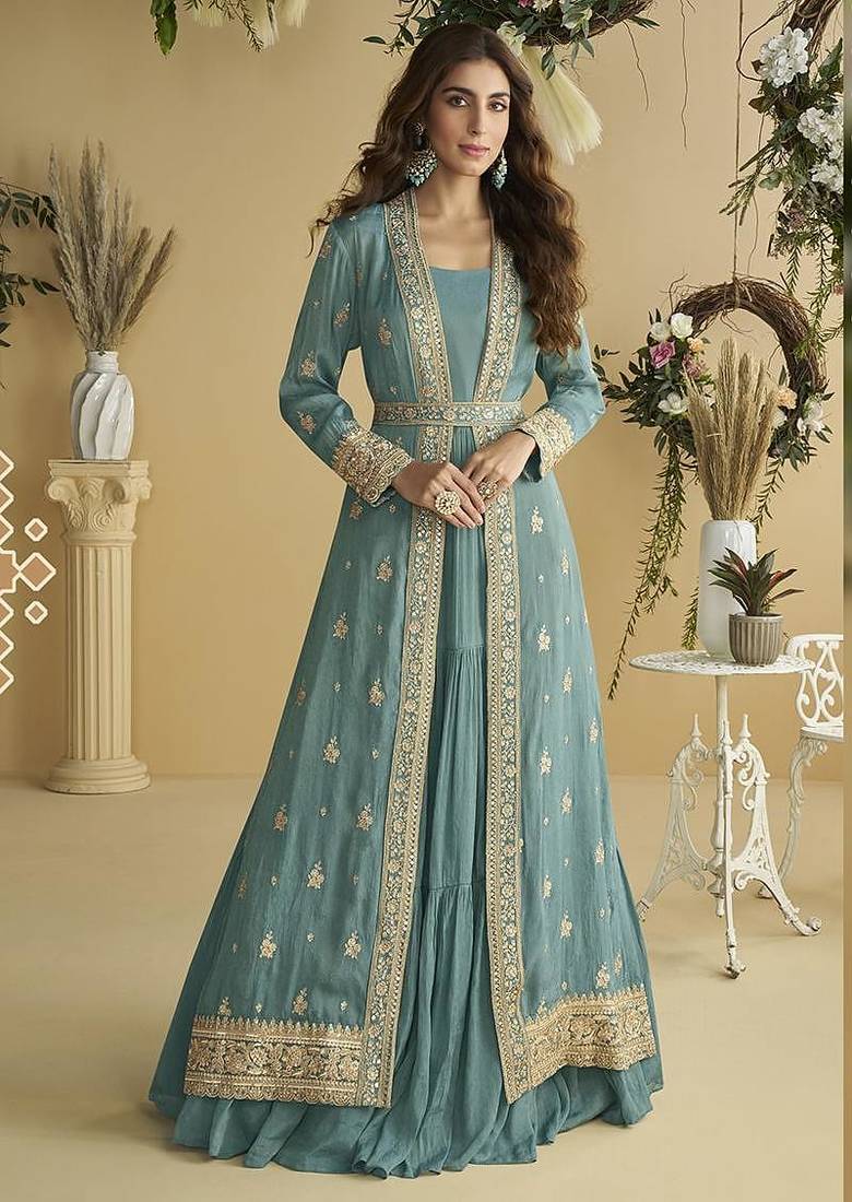 Grey embroidered readymade chinon silk gown