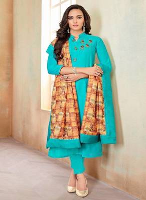Sky blue cotton blend readymade salwar kameez 1