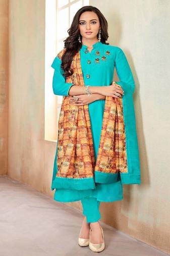 Sky blue cotton blend readymade salwar kameez
