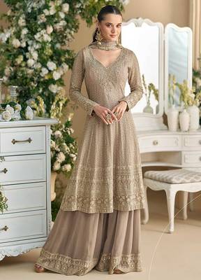 Faux georgette readymade palazzo suit with embroidered work in beige 1