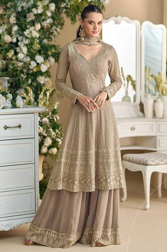 Faux georgette readymade palazzo suit with embroidered work in beige