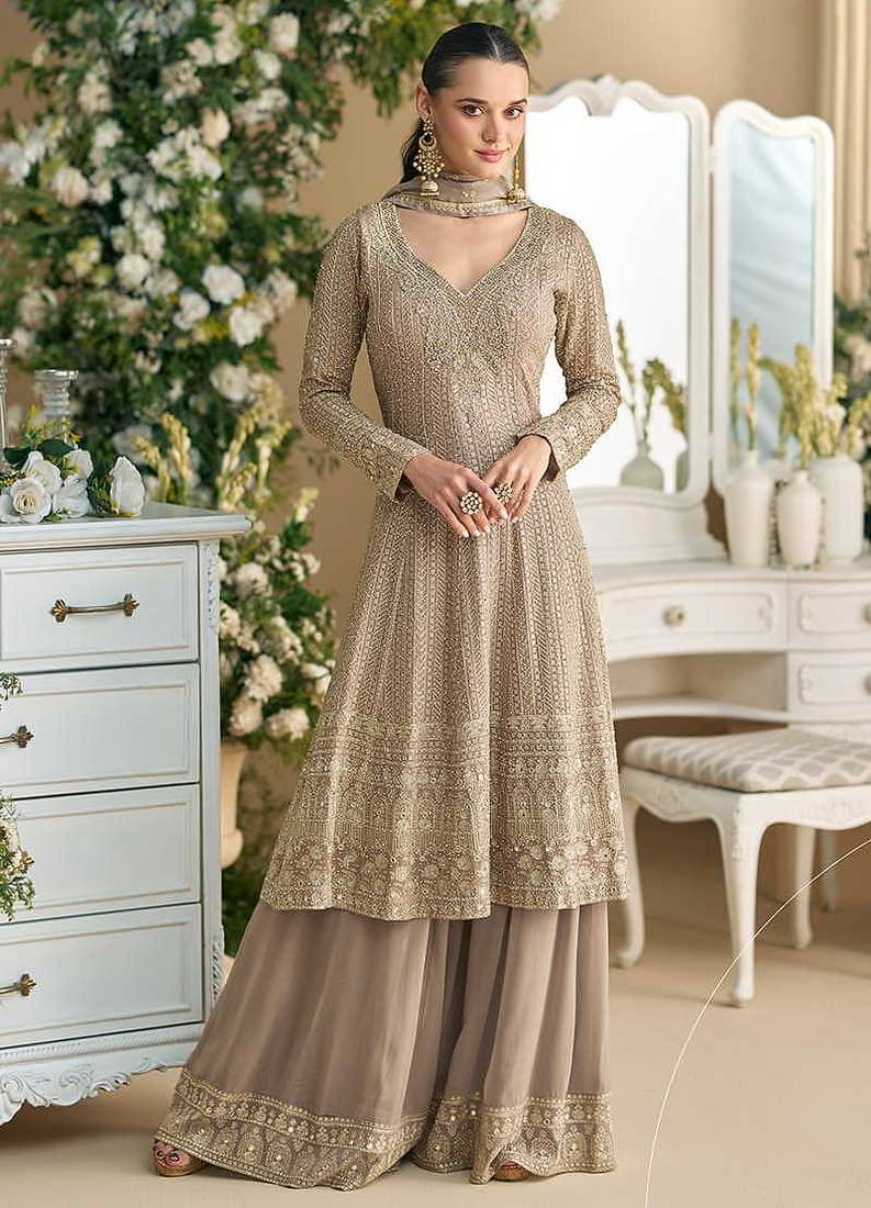 Faux georgette readymade palazzo suit with embroidered work in beige