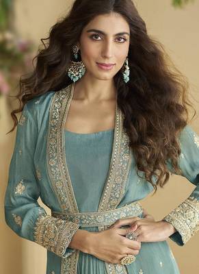 Grey embroidered readymade chinon silk gown 2