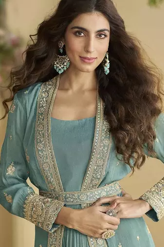 Grey embroidered readymade chinon silk gown