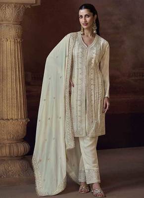 Off white embroidered chinon silk readymade salwar kameez 1