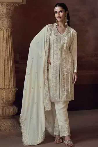 Off white embroidered chinon silk readymade salwar kameez