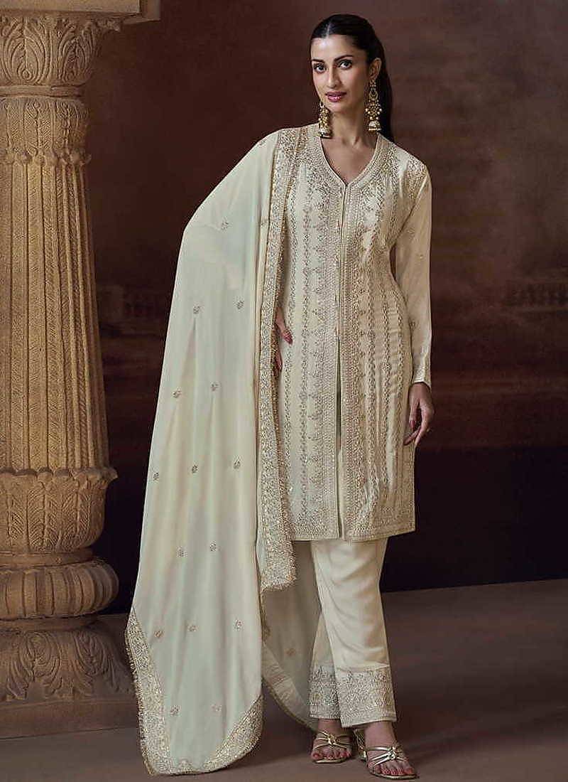 Off white embroidered chinon silk readymade salwar kameez