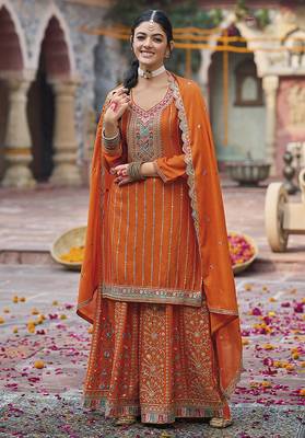 Embroidered work chinon readymade salwar suit in orange 1