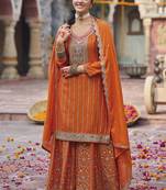 Embroidered work chinon readymade salwar suit in orange