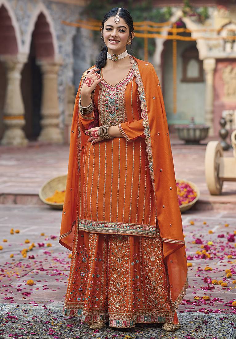 Embroidered work chinon readymade salwar suit in orange