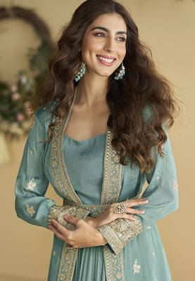 Grey embroidered readymade chinon silk gown 3