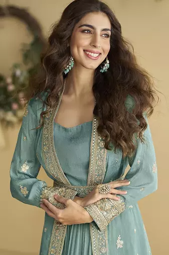 Grey embroidered readymade chinon silk gown