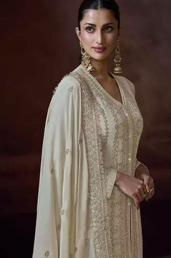Off white embroidered chinon silk readymade salwar kameez