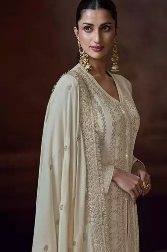 Off white embroidered chinon silk readymade salwar kameez