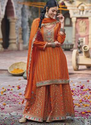 Embroidered work chinon readymade salwar suit in orange 2
