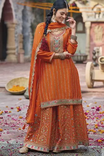 Embroidered work chinon readymade salwar suit in orange