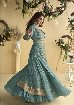 Grey embroidered readymade chinon silk gown 4