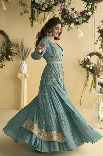 Grey embroidered readymade chinon silk gown