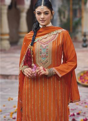 Embroidered work chinon readymade salwar suit in orange 3