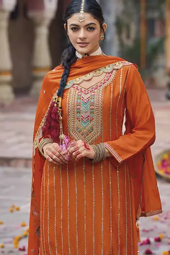 Embroidered work chinon readymade salwar suit in orange