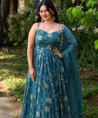 Aqua blue crunshy  silk  party wear embroidery anarkali  suit set 4
