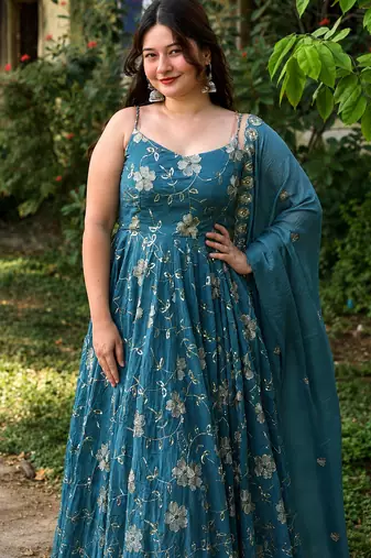 Aqua blue crunshy  silk  party wear embroidery anarkali  suit set