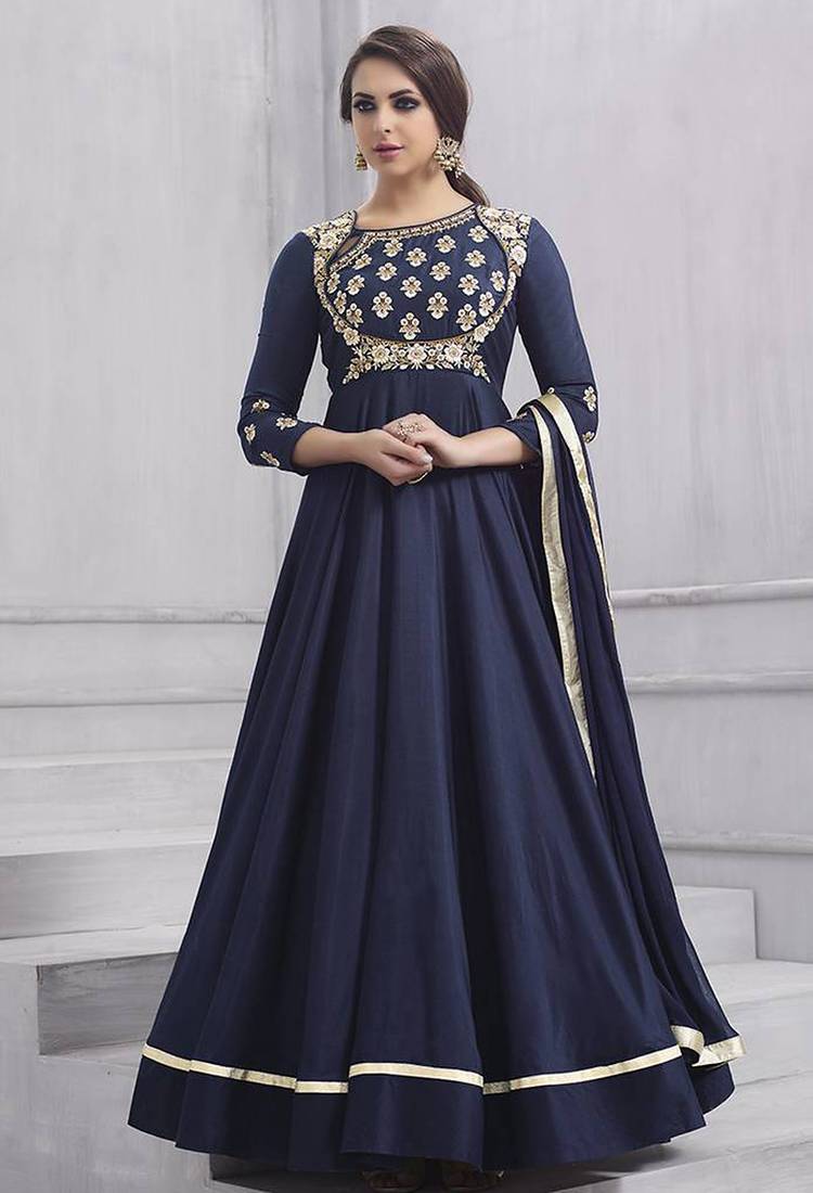 Navy blue embroidered taffeta readymade anarkali salwar kameez