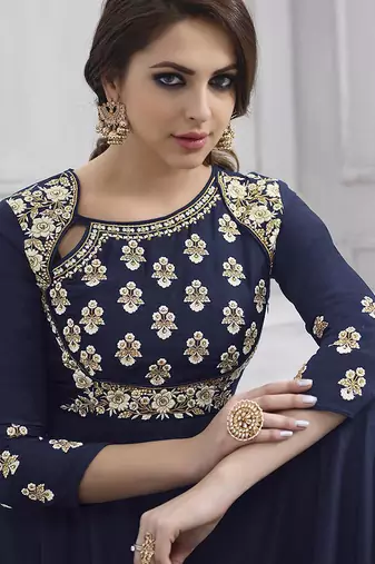 Navy blue embroidered taffeta readymade anarkali salwar kameez