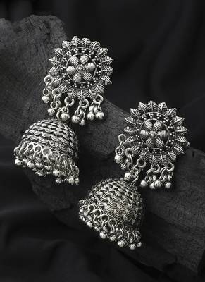 Long Oxidised Floral Shaped Earrings 2