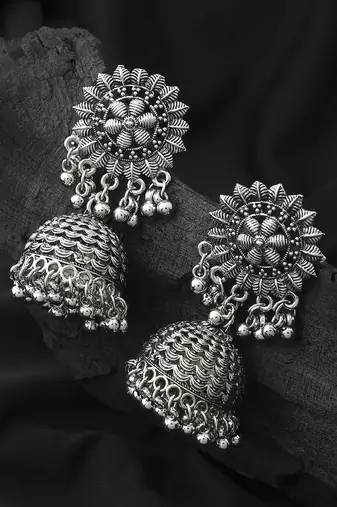 Long Oxidised Floral Shaped Earrings