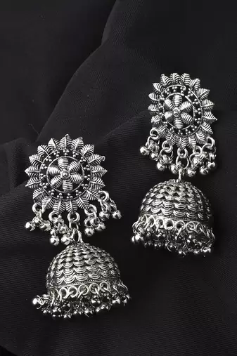 Long Oxidised Floral Shaped Earrings